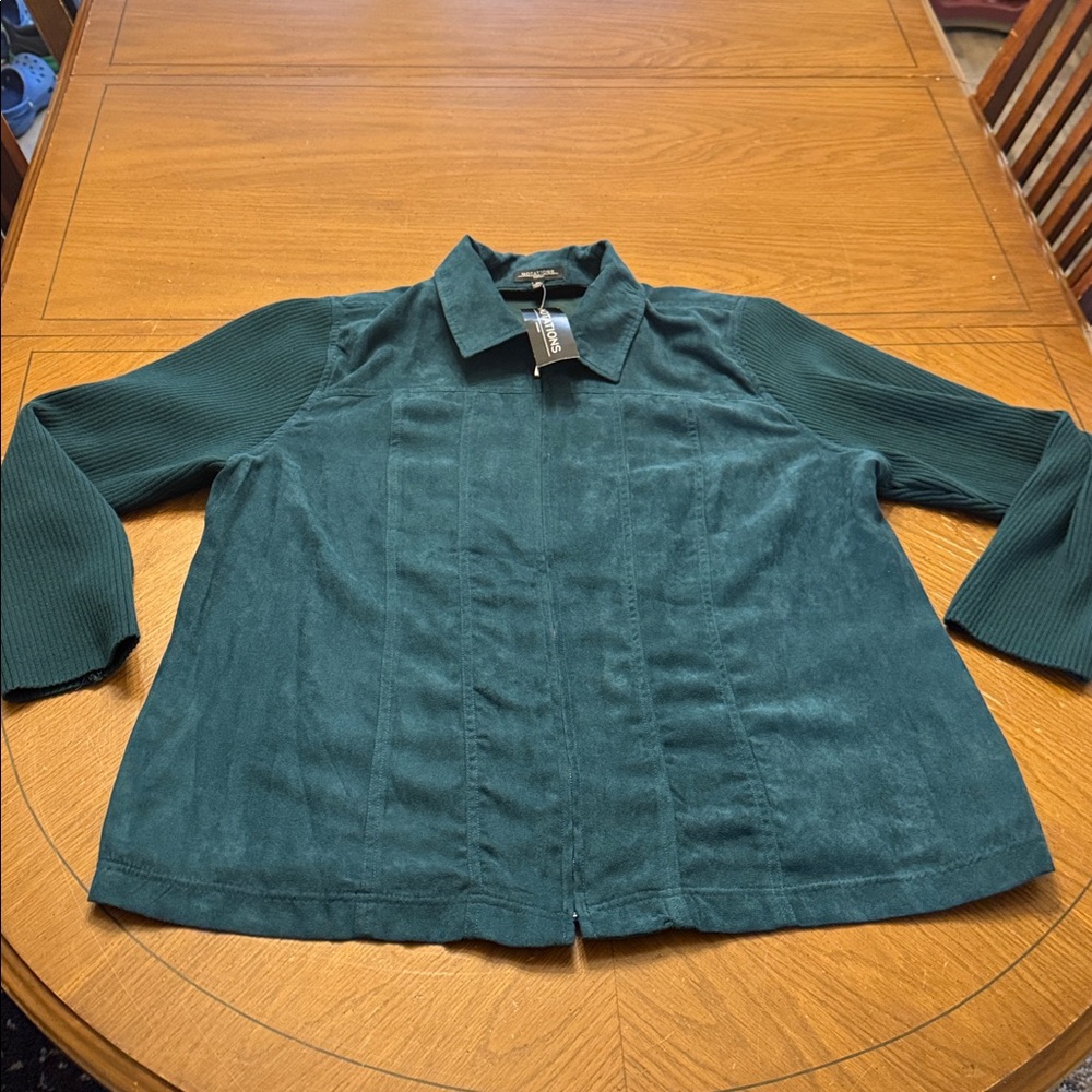 NWT Notations Teal Faux Suede Lightweight Zip Up Satin Lined Jacket Cardigan 2X